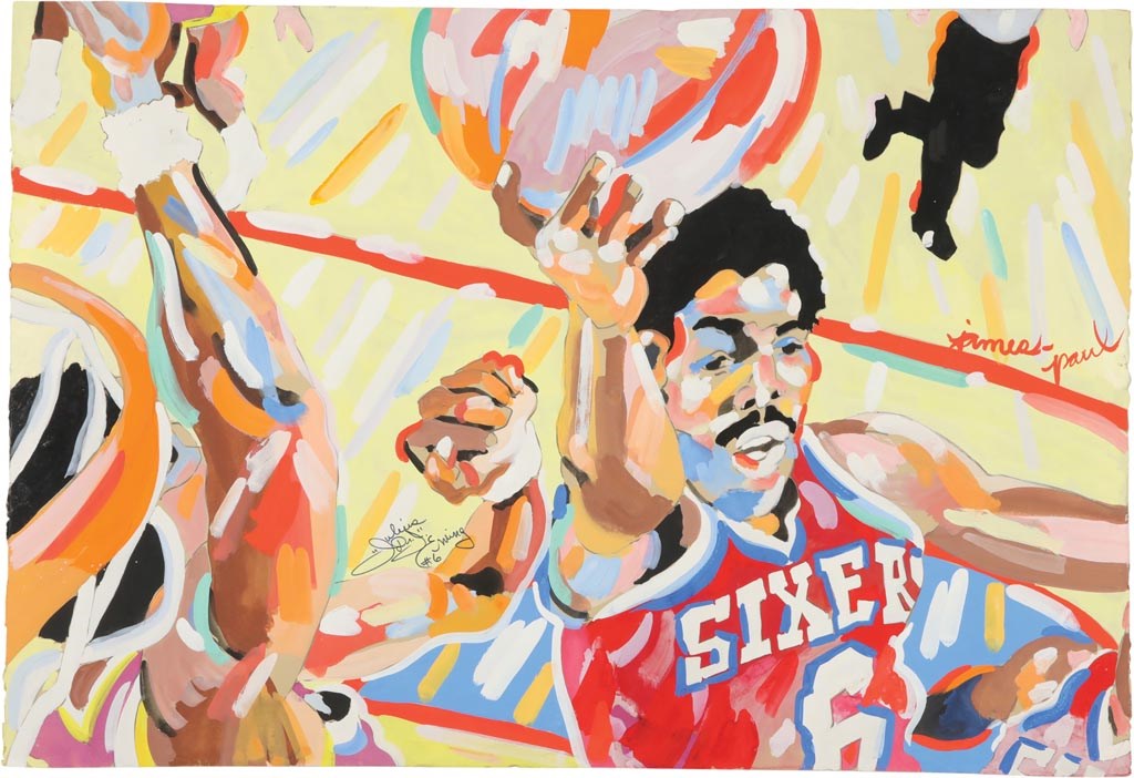 Sports Fine Art - 1980s Dr. J Signed Painting by James Paul Brown