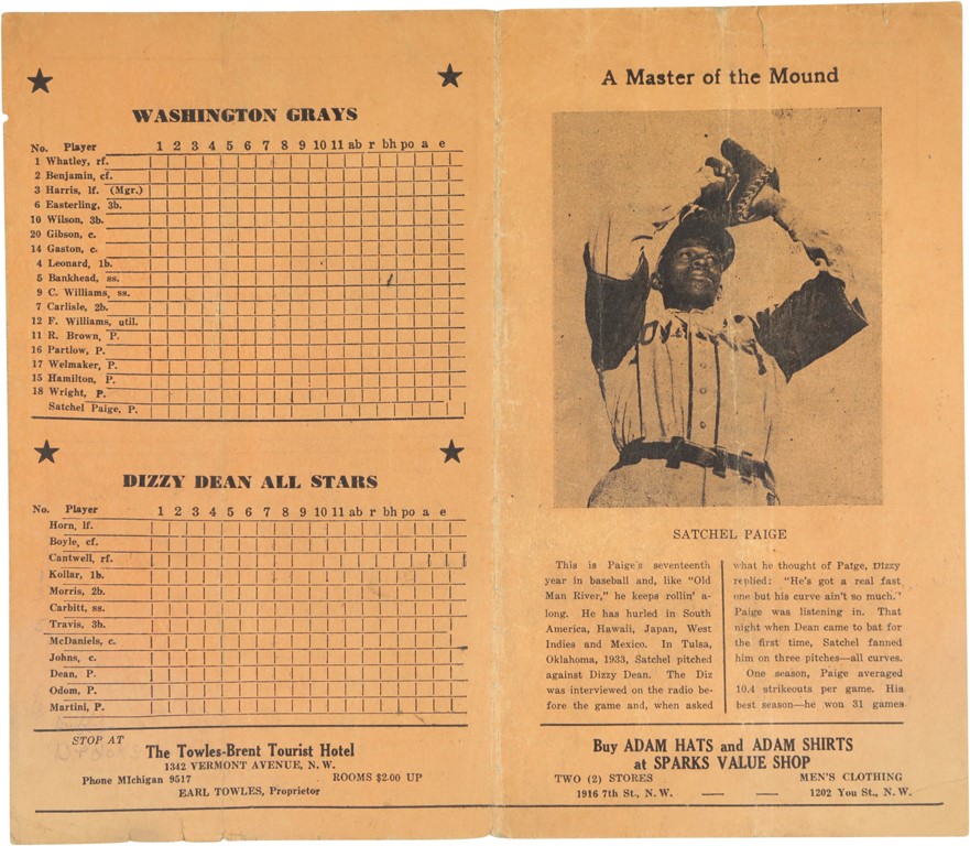 - 1942 Dizzy Dean All-Stars v Washington Grays Program w/Josh Gibson & Satchel Paige