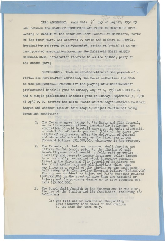 - 1950 Baltimore Elite Giants Memorial Stadium Contract