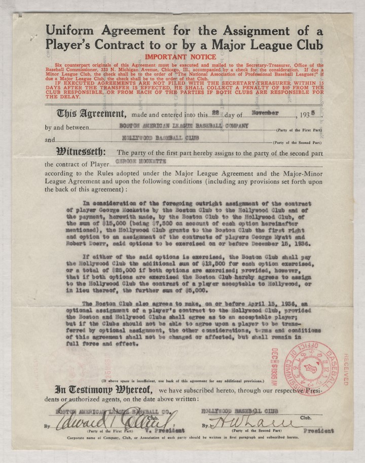 Baseball Autographs - 1935 Official Uniform Contract Signed by Eddie Collins