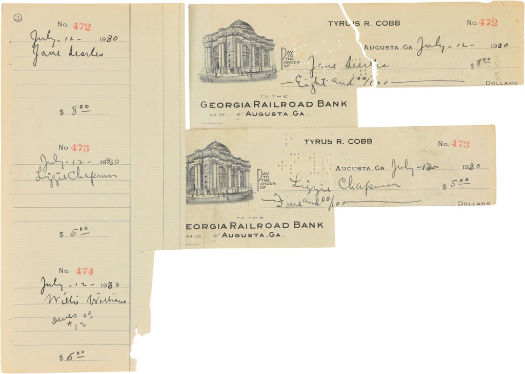 - Collection of Ty Cobb Checking Account Stubs & Remains