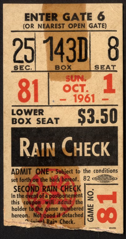 Tickets, Publications & Pins - 1961 Roger Maris 61st Home Run Game Ticket