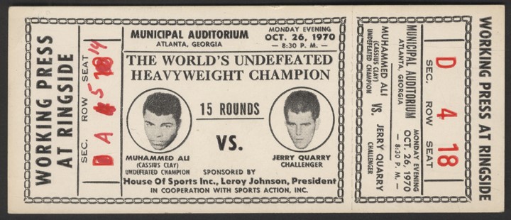 Muhammad Ali & Boxing - 1970 Ali vs Quarry Full Ticket