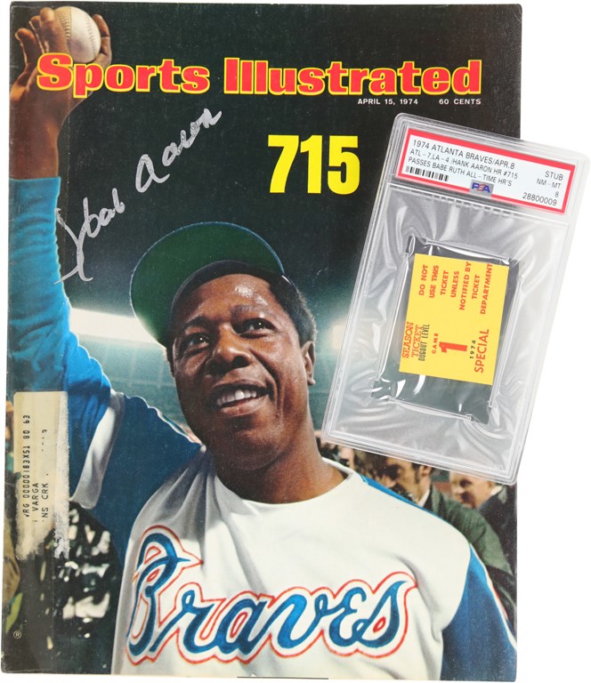 Tickets, Publications & Pins - 1974 Hank Aaron 715th Home Run Game Ticket and Signed Sports Illustrated