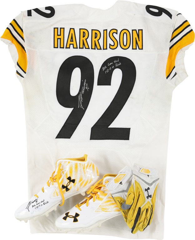 - January 22, 2017, James Harrison Pittsburgh Steelers Playoff Game Worn Jersey, Cleats and Gloves