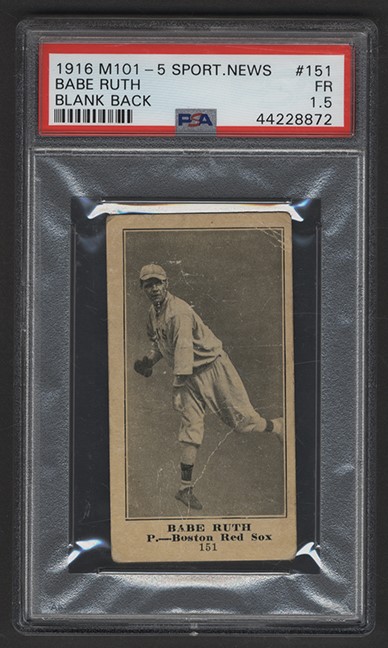 Baseball and Trading Cards - 1916 M101-5 Sporting News Blank Back #151 Babe Ruth Rookie (PSA FR 1.5)