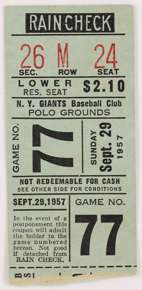 - 1957 Last Game at Polo Grounds Ticket