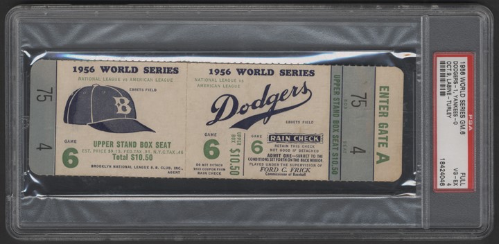 Tickets, Publications & Pins - 1956 World Series Game 6 Full Ticket (PSA)