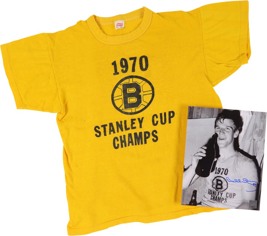 - 1970 Boston Bruins Stanley Cup Champions Shirt with Bobby Orr Signed Photo