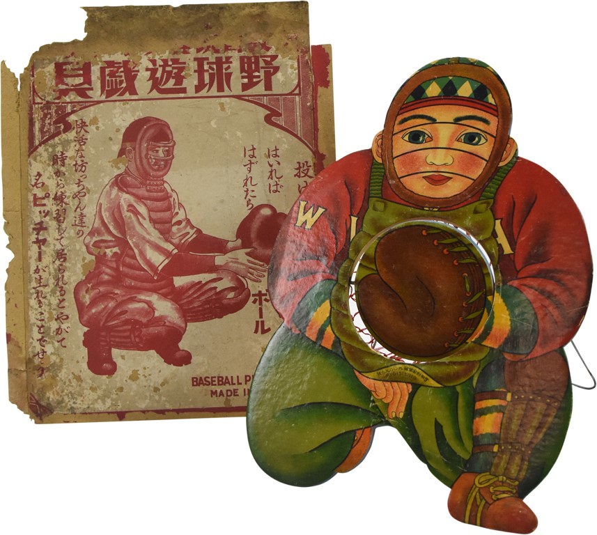 - 1930's Japanese Baseball Playing Toy with Original Lid - Nicest One Known