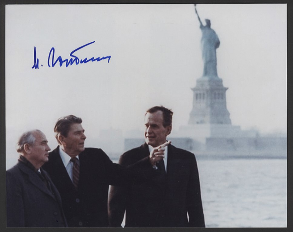 Rock And Pop Culture - Mikhail Gorbachev Signed Photograph with Reagan & Bush