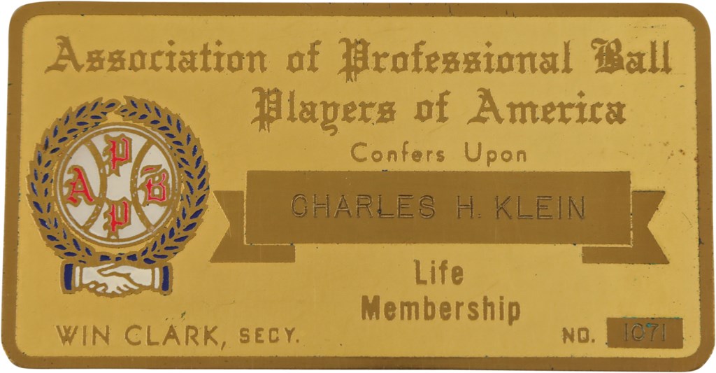 The Chuck Klein Collection - Chuck Klein Association of Professional Ball Players of America Lifetime Gold Pass