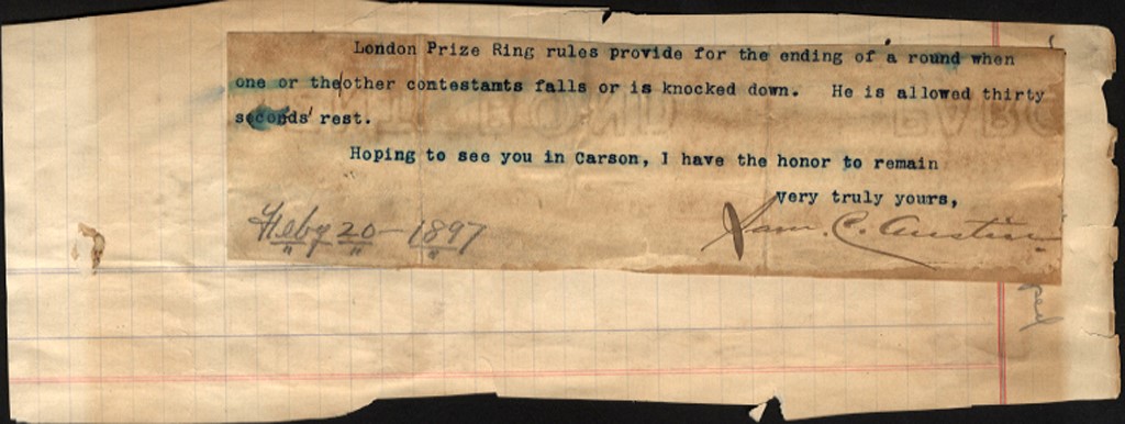 1897 Sam C. Austin Letter Regarding Corbett-Fitzsimmons Fight