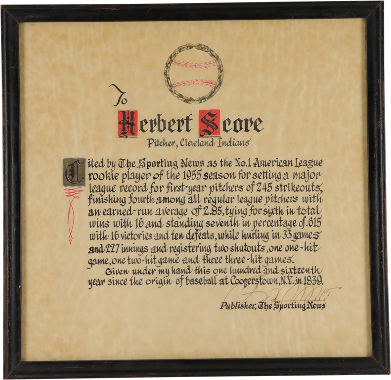 Cleveland Indians - 1955 Herb Score Rookie of the Year Award