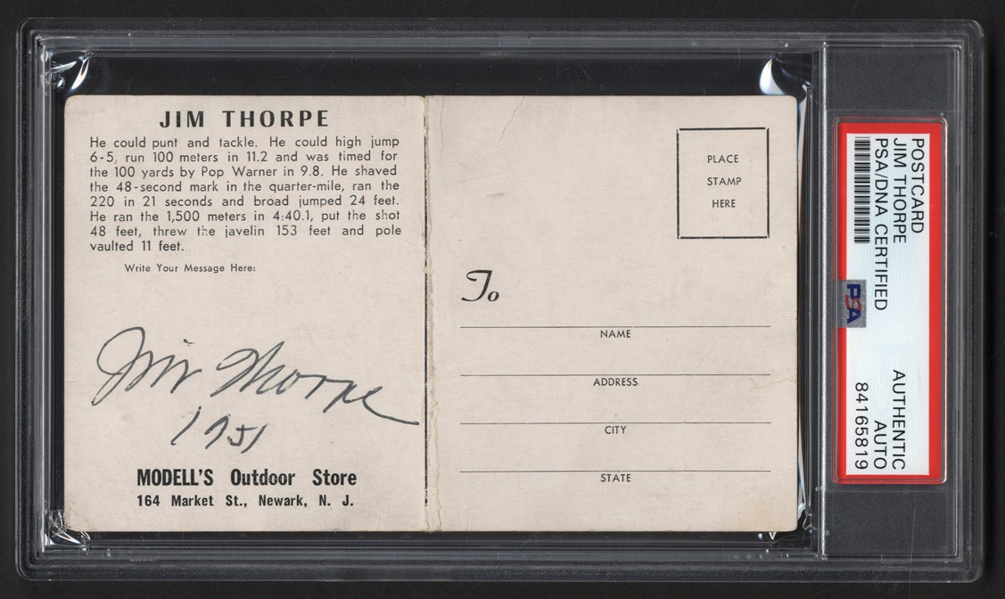 Football - 1951 Jim Thorpe Signed Modell's Postcard (PSA)