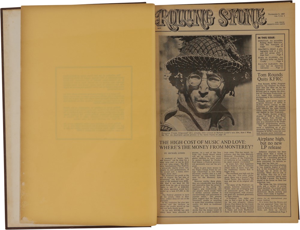 Rock And Pop Culture - 1967-68 Rolling Stone Magazine Bound Volume - First 15 Issues with Issue #1 (Lennon)