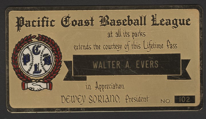Hoot Evers Collection - Hoot Evers Pacific Coast Baseball League Lifetime Fans