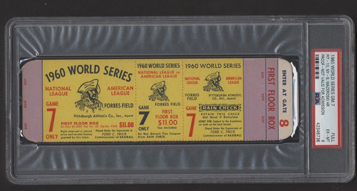 Clemente and Pittsburgh Pirates - Bill Mazeroski Home Run Game 7 1960 World Series Full Ticket (PSA 6)
