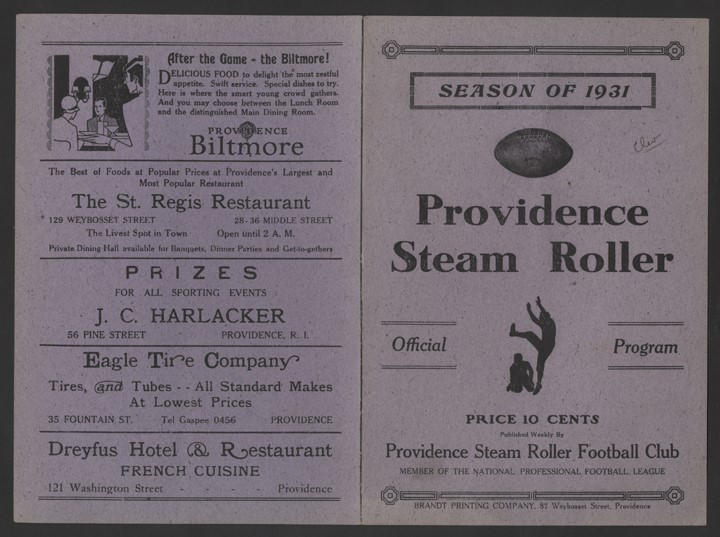 - 1931 Cleveland Indians at Providence Steam Rollers NFL Program - Only Year for Cleveland Indians Franchise!