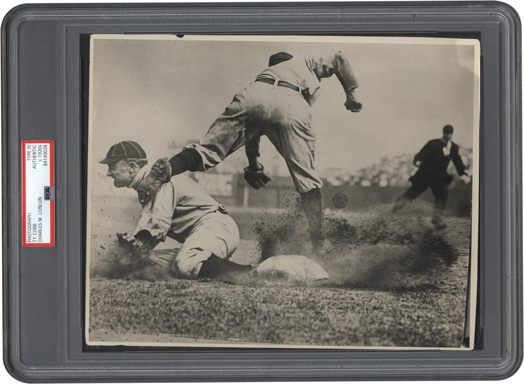 Ty Cobb Boston Photo Collection - Ty Cobb Sliding Photograph by Charles Conlon w/His Handwriting on Verso (PSA)