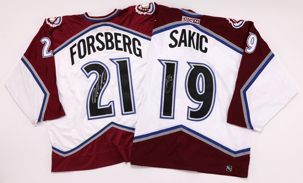 - Joe Sakic and Peter Forsberg Colorado Avalanche Signed Game Issued/ Replica Authentic Jerseys