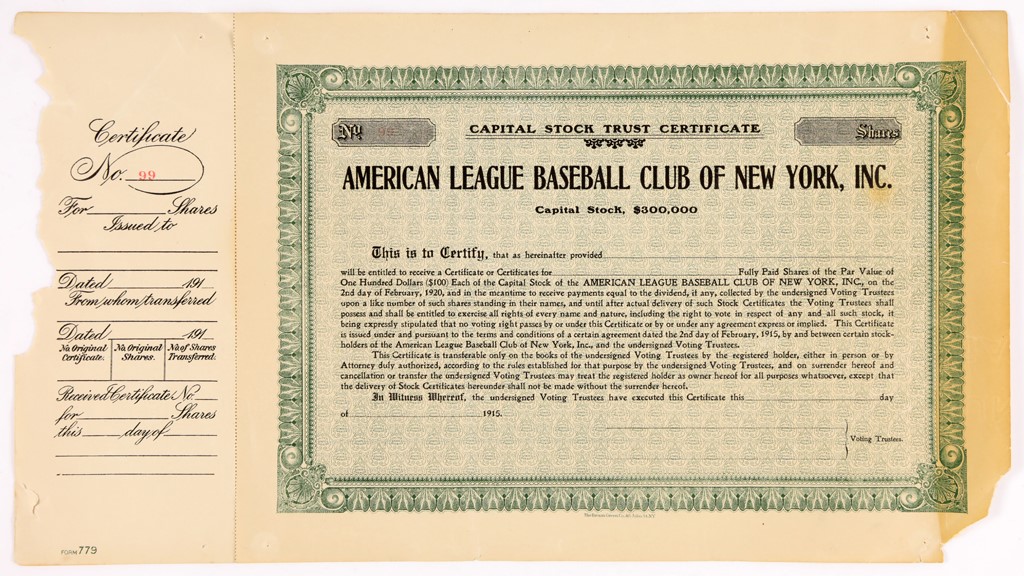 1915 NY Yankees Stock Certificate