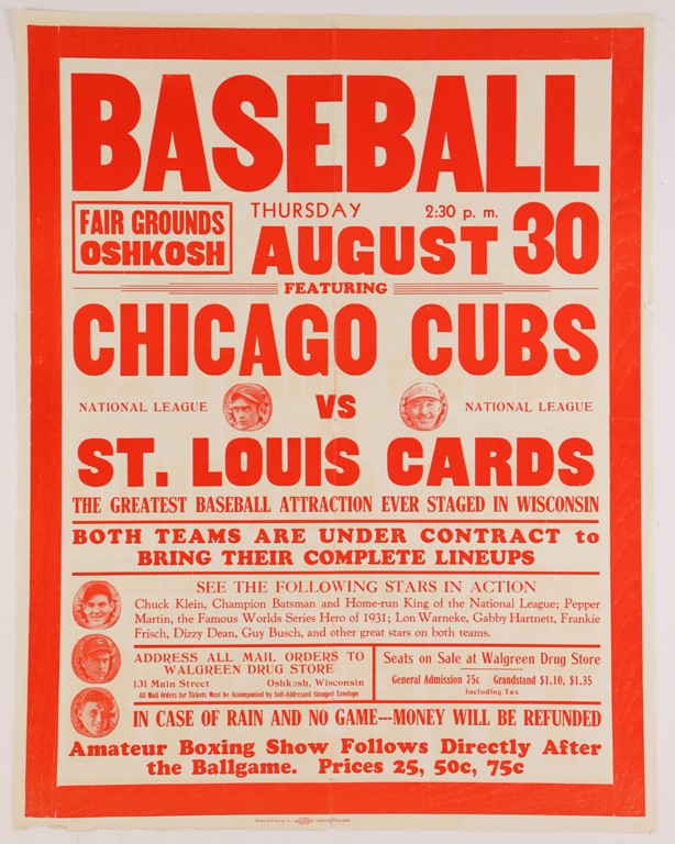 Baseball Memorabilia - 1934 St. Louis Cardinals vs Chicago Cubs Exhibition Game Broadside