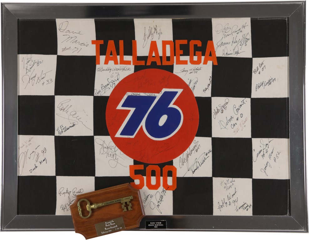 1982 Talladega 500 Flag Presented to Grand Marshall Hank Stram w/ Key to Talladega