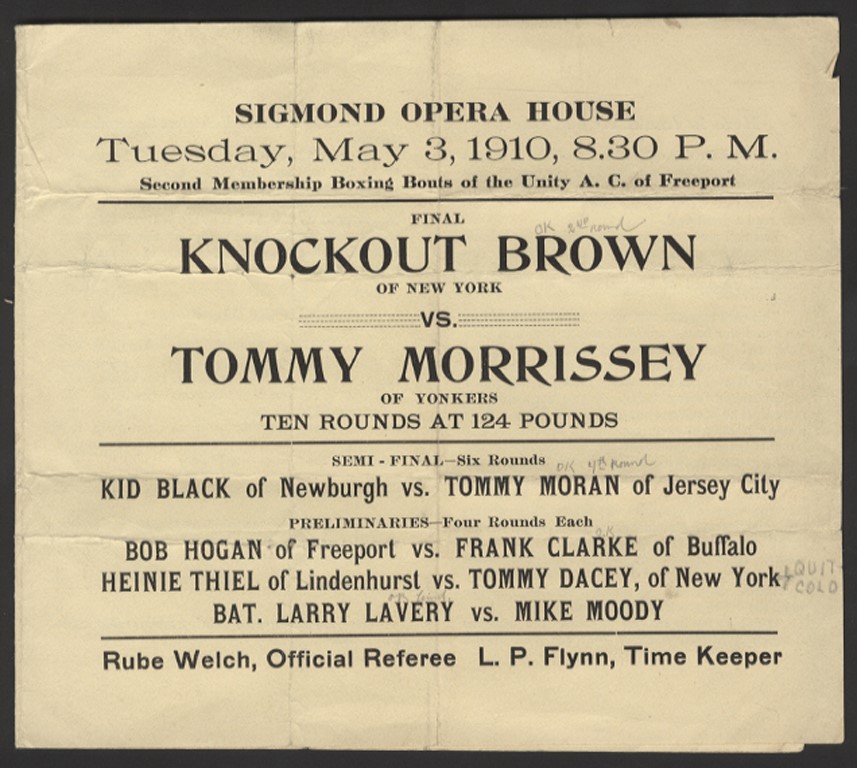 - 1910 Knockout Brown Vs. Tommy Morrissey Program