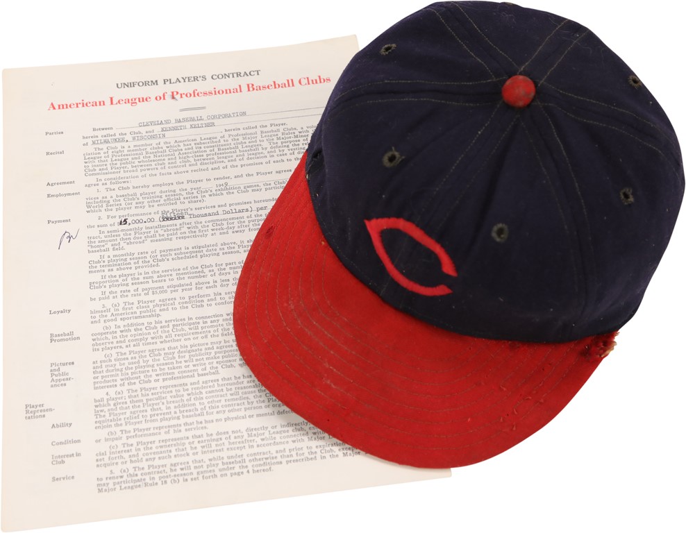 Cleveland Indians - Circa 1948 Ken Keltner Cleveland Indians Game Worn Cap and 1949 Signed Contract