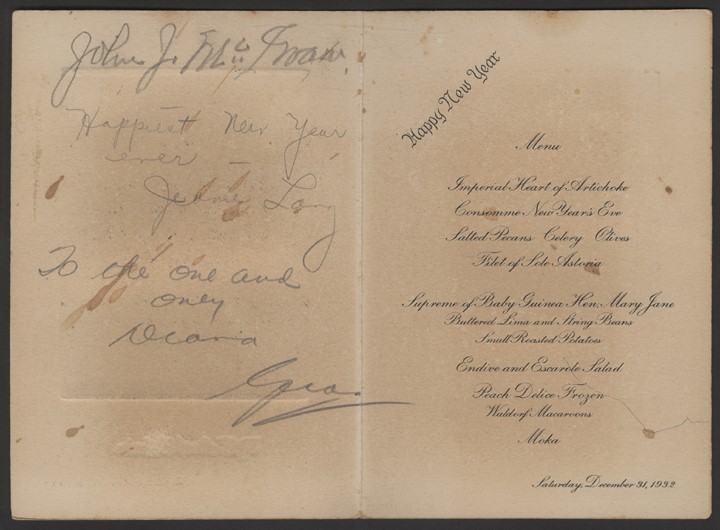Baseball Autographs - 1932 John McGraw Signed New Year's Eve Dinner Menu