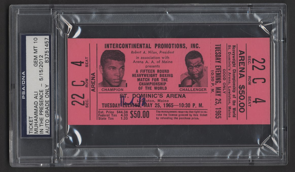 - 1965 Muhammad Ali vs. Sonny Liston II Signed Full Ticket (PSA GEM MT 10)