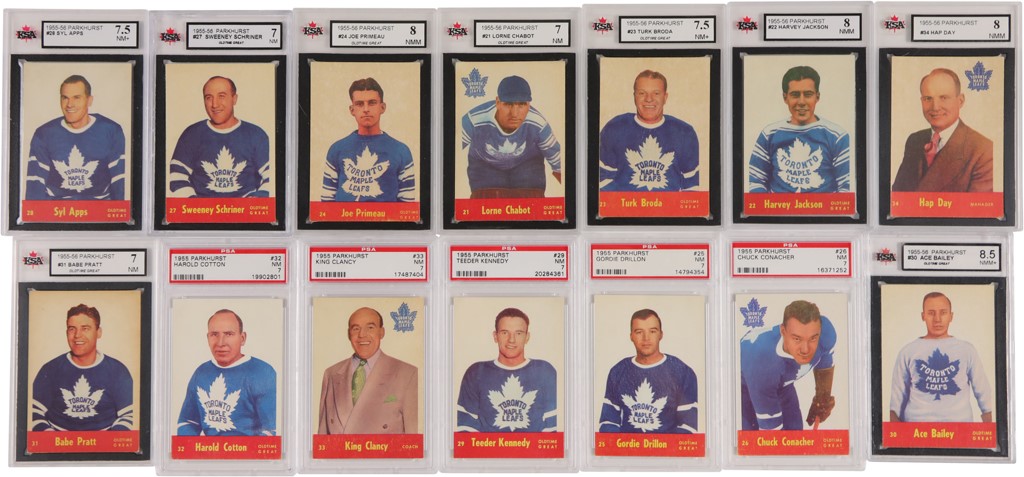 Hockey Cards - 1955 Parkhurst "High Grade" Toronto Maple Leafs Graded Complete Team Set with Old Time Greats - All NM 7 or Higher (34)