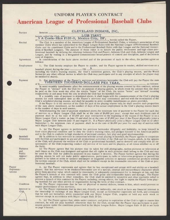 Cleveland Indians - 1966 Luis Tiant Cleveland Indians Contract