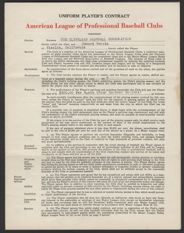 Cleveland Indians - 1947 Mike Garcia Cleveland Indians Signed Contract