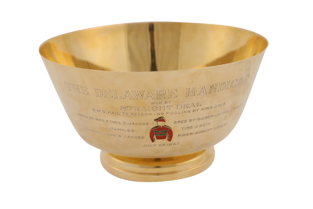 Ethel And Hirsch Jacobs Trophy Collection - Straight Deal - 1967 Delaware Handicap Winner's Gold Trophy Bowl (40 Ounces of 14k Gold)