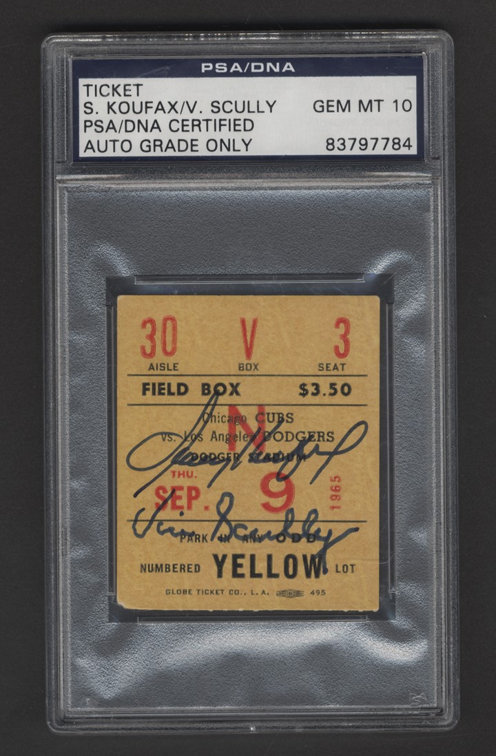 Jackie Robinson & Brooklyn Dodgers - 1965 Sandy Koufax Signed Perfect Game Ticket (PSA)