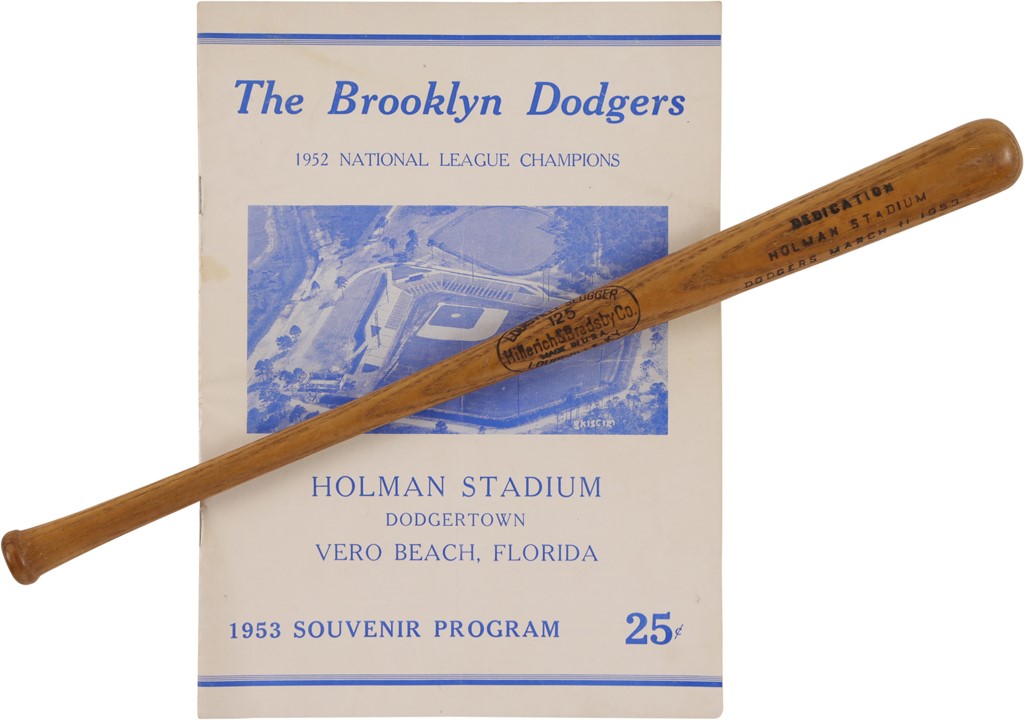 1953 Brooklyn Dodgers Holman Stadium Dedication Mini Bat and Program