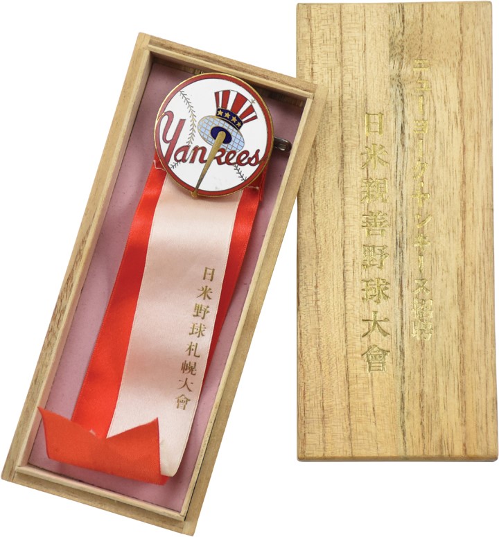 - Mickey Mantle + 1955 NY Yankees Japan Tour Enamel Belt Buckle w/Ribbon in Original Wood Box
