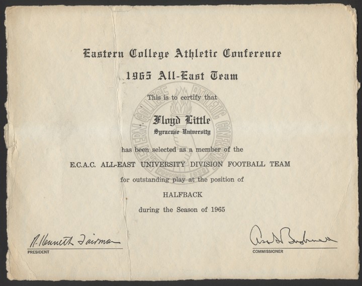 Syracuse Football Archive - 1965 ECAC All-East Team Award Presented to Floyd Little