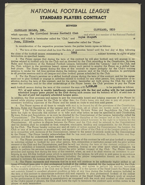 Football - 1952 Cleveland Browns Contract of Wayne Siegert Signed by Paul Brown & Bert Bell