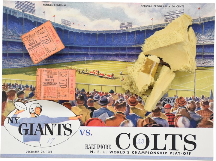 - 1958 "Greatest Game Ever Played" Goalpost "Relic", Program and Two Tickets
