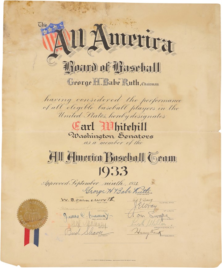 - 1933 Earl Whitehill All America Baseball Team Certificate Signed by Babe Ruth