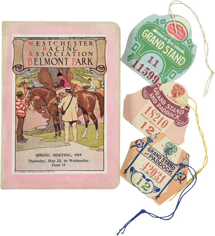 Man O' War & Sir Barton Historical Badges & Belmont Park's 1919 Condition Book Featuring The Two Horses