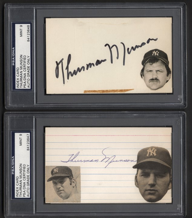 - Pair of Thurman Munson Signed Index Cards (Both PSA MINT 9)