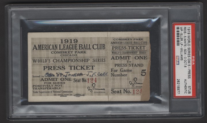 Chicago Black Sox Collection (1919-2019) - 1919 World Series Game 5 Press Ticket from the Joe Carr Find (PSA)