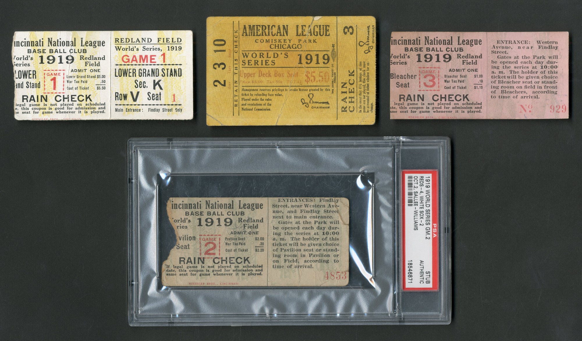 Chicago Black Sox Collection (1919-2019) - 1919 "Black Sox" World Series Tickets - Games One, Two, Five & Six (4)