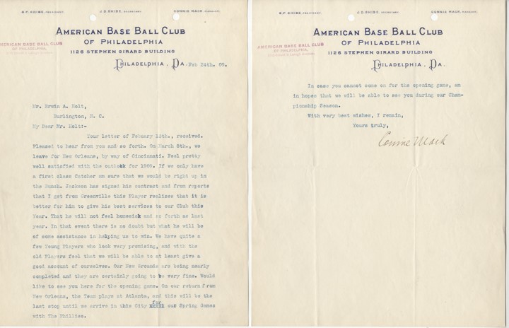 Chicago Black Sox Collection (1919-2019) - Amazing 1909 Connie Mack Signed Letter with Joe Jackson Content