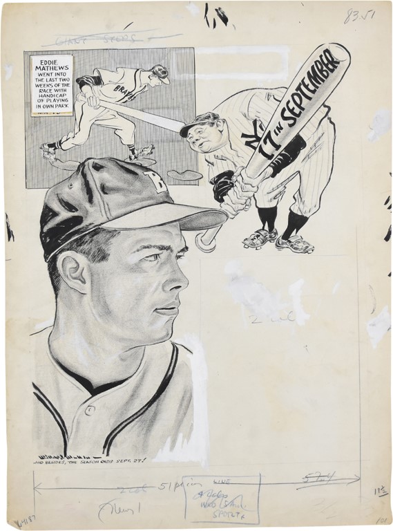 Sporting News Original Art - 1953 Eddie Mathews Challenges Babe Ruth's HR Record Sporting News Original Art by Willard Mullin