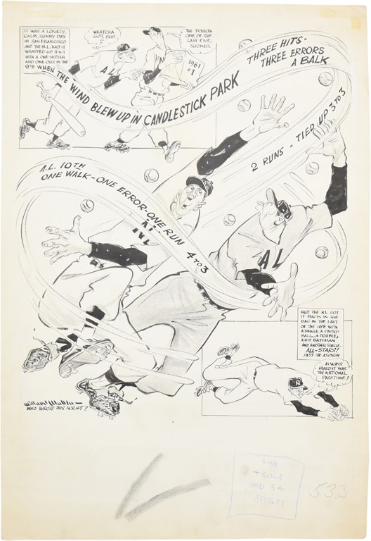 Sporting News Original Art - 1961 All Star Game "Winds of Candlestick" Sporting News Original Art By Willard Mullin